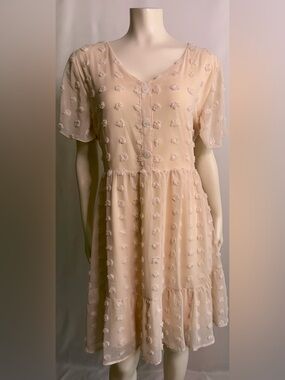 Alredine Blush Pink/ Cream White Swiss Dot Tiered Baby Doll Dress